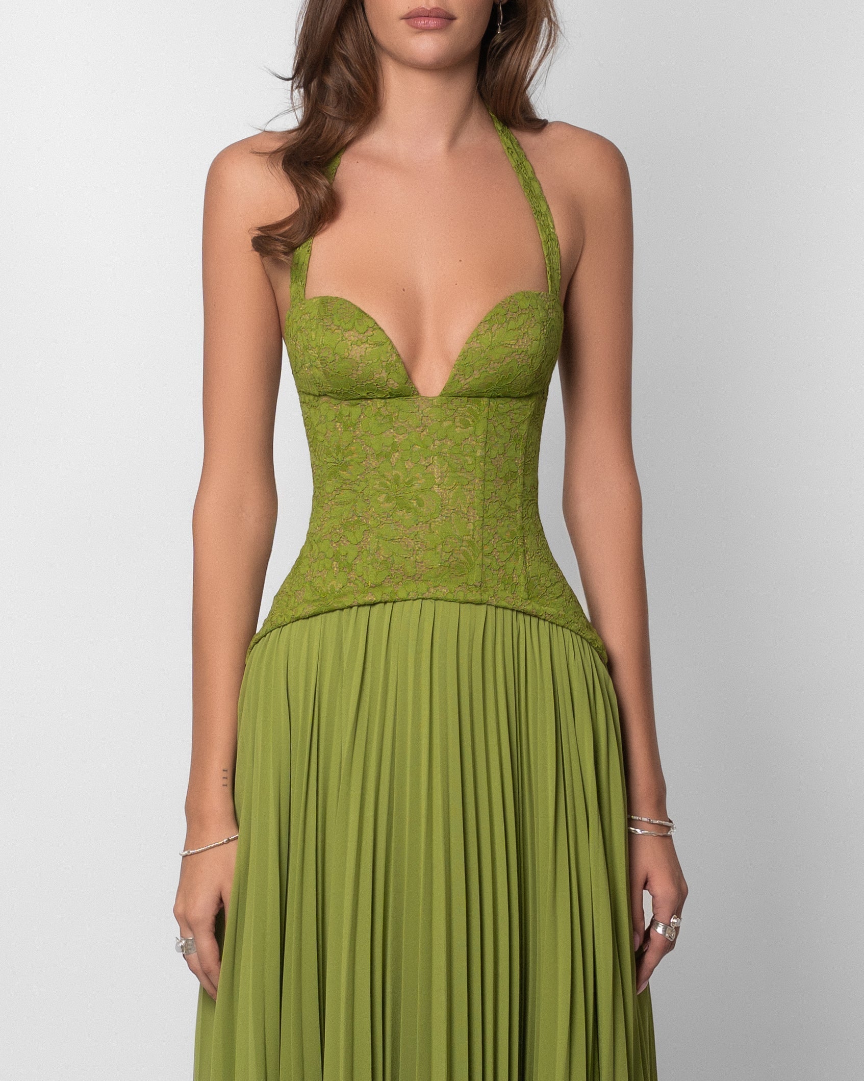 Lace Corset Pleated Maxi Dress in Olive Green