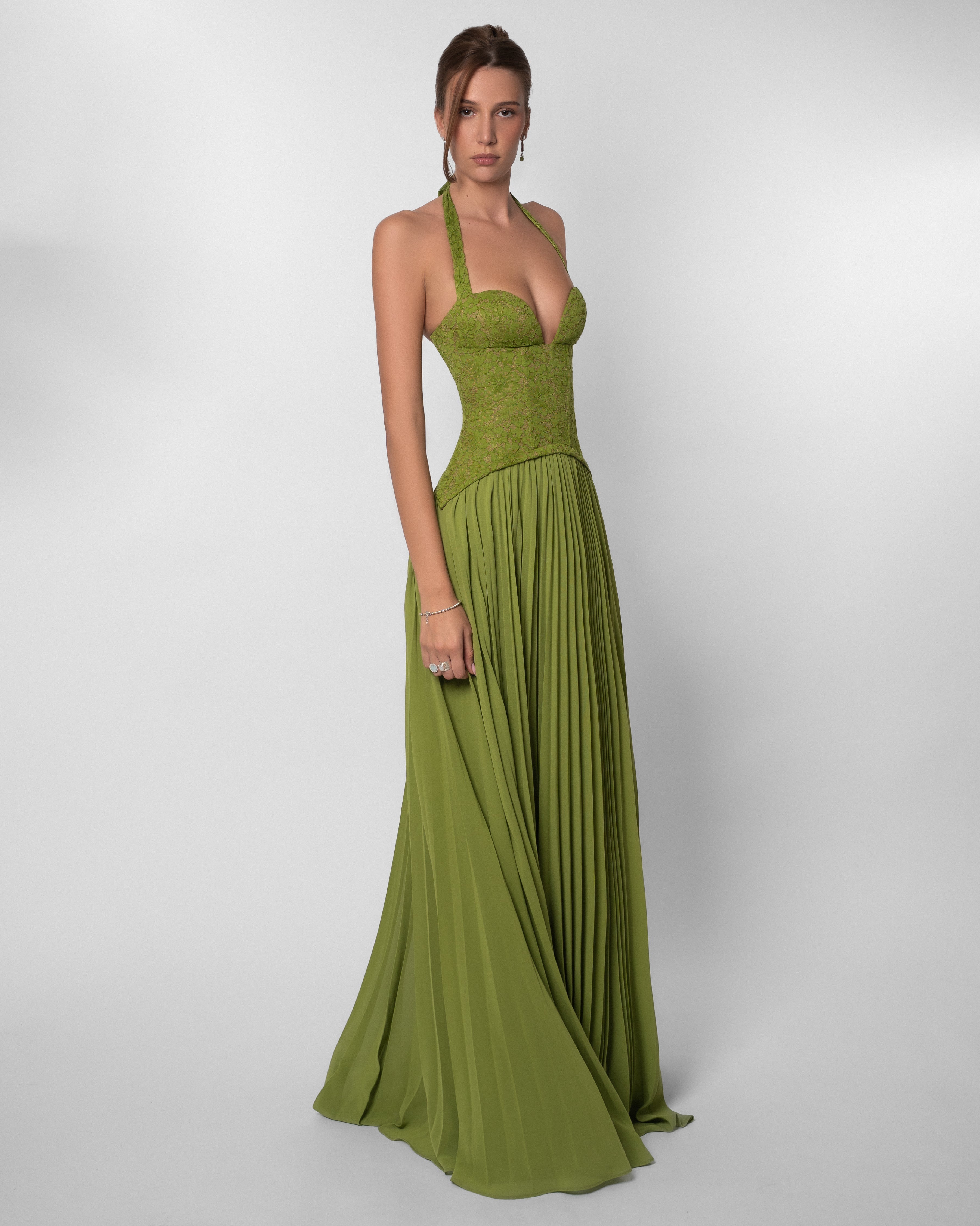 Lace Corset Pleated Maxi Dress in Olive Green