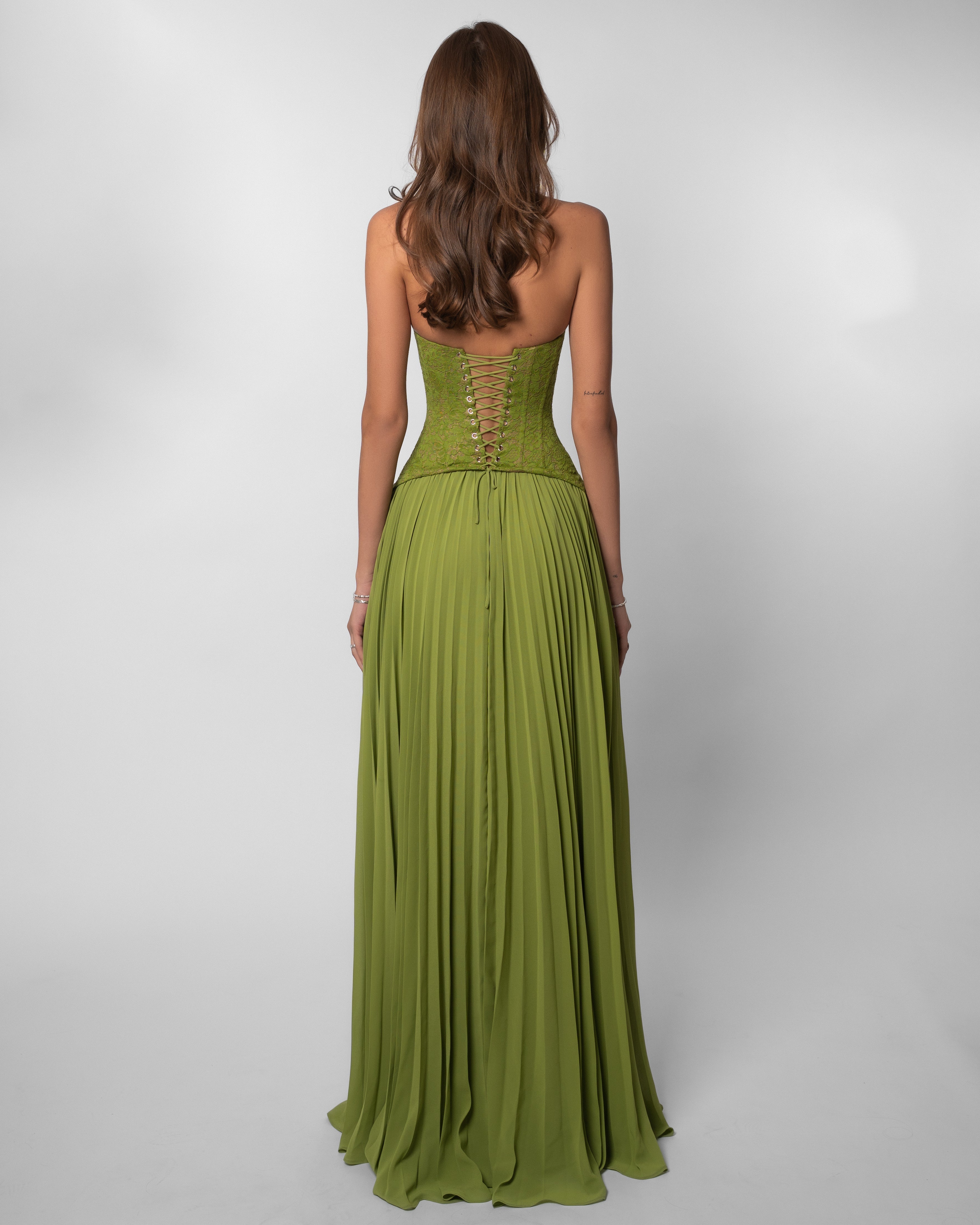 Lace Corset Pleated Maxi Dress in Olive Green