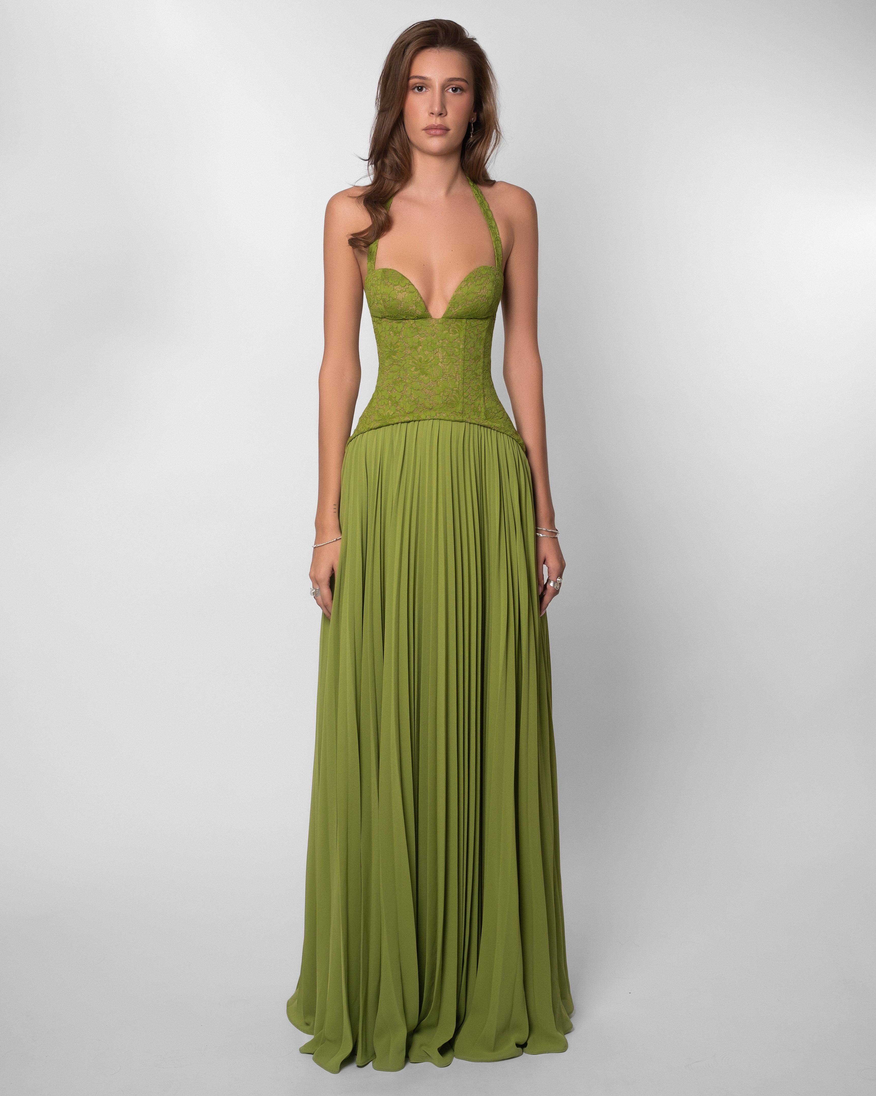 Lace Corset Pleated Maxi Dress in Olive Green