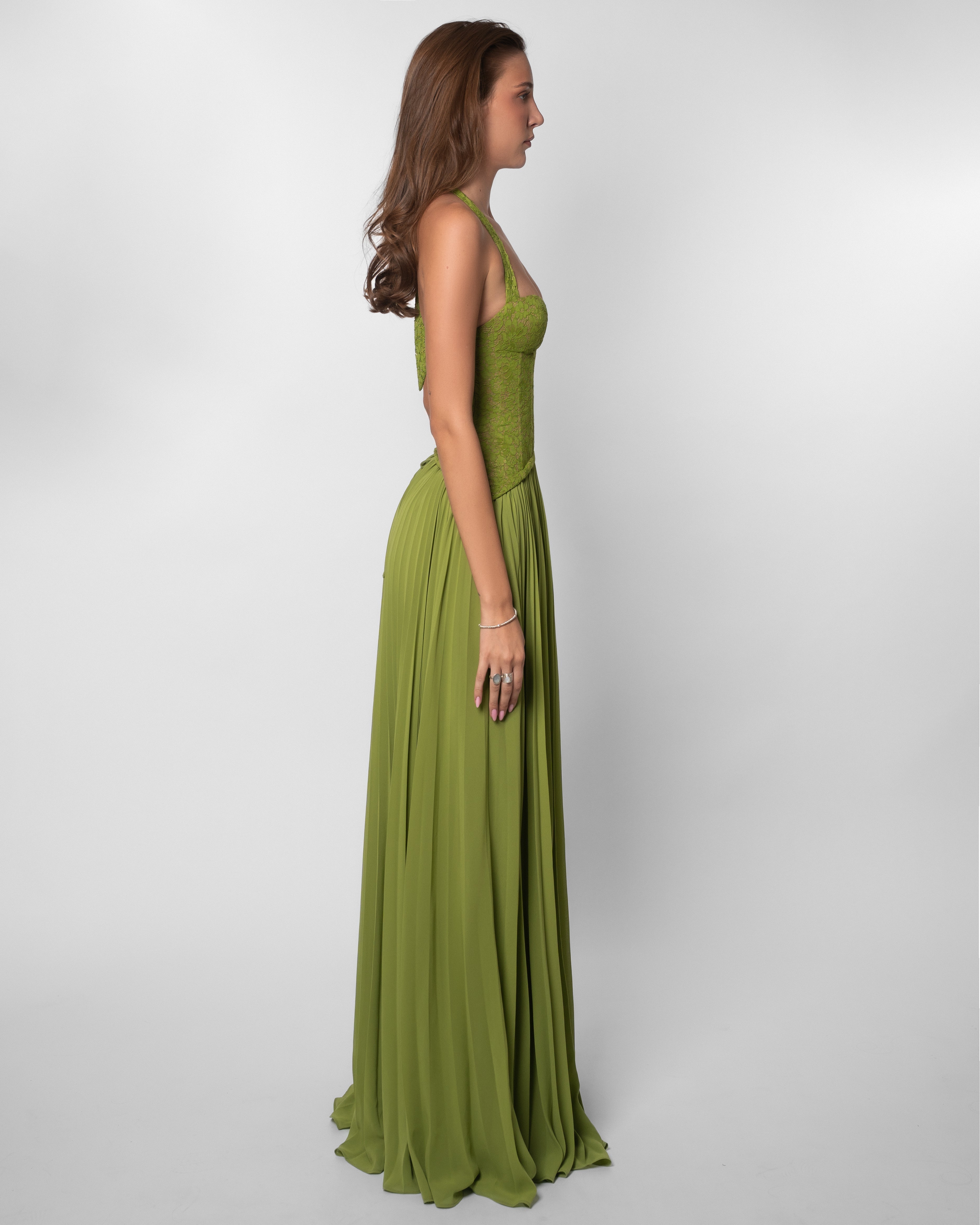 Lace Corset Pleated Maxi Dress in Olive Green